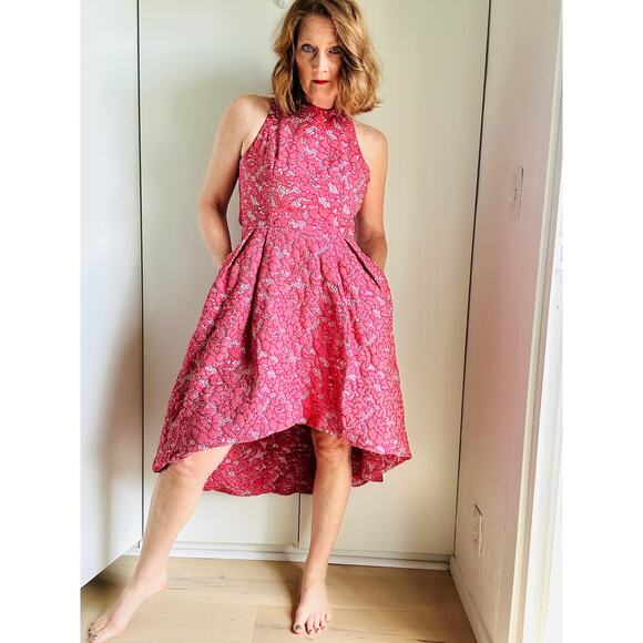 ML Monique Lhuillier Lace Pattern High Low Formal Dress Red white SZ SM Pockets - Picture 16 of 16